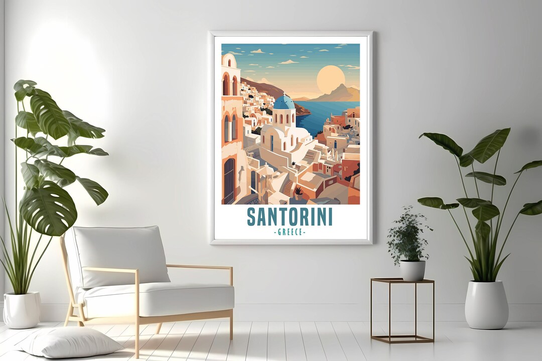 Santorini Travel Poster, Santorini Wall Art, Digital Illustration ...