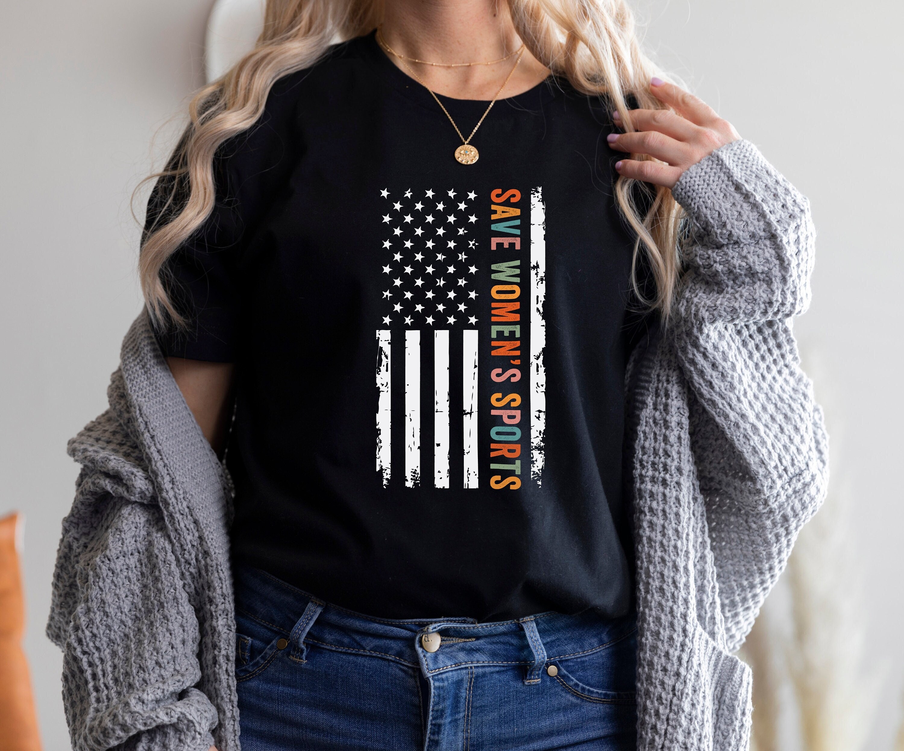 Save Women's Sports T-Shirt, Protect Women's Sports Shirt, Save Girls Sports Tee, USA Flag, Female Athletes Shirt