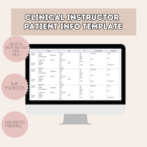 Puede incluir: Una pantalla de computadora que muestra una plantilla de información del paciente para instructores clínicos. La plantilla incluye columnas para el nombre del estudiante, el número de habitación, la edad, el género, el diagnóstico, los signos vitales y más. La plantilla está diseñada para ser utilizada para 4-8 pacientes.