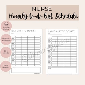 May include: A printable nurse to-do list schedule with two pages, one for day shift and one for night shift. The pages are divided into hourly time slots from 06:00 to 22:00 for the day shift and 18:00 to 08:00 for the night shift. Each time slot has a space for writing tasks.