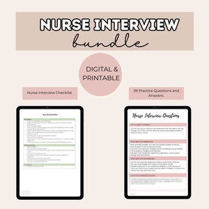Könnte beinhalten: Ein digitales und druckbares Interview-Paket für Krankenschwestern mit einer Checkliste und 39 Übungsaufgaben und Antworten. Die Checkliste umfasst Abschnitte für die Zeit vor dem Interview, während des Interviews und nach dem Interview. Die Übungsaufgaben behandeln Themen wie Stärken, Schwächen und Erfahrung.