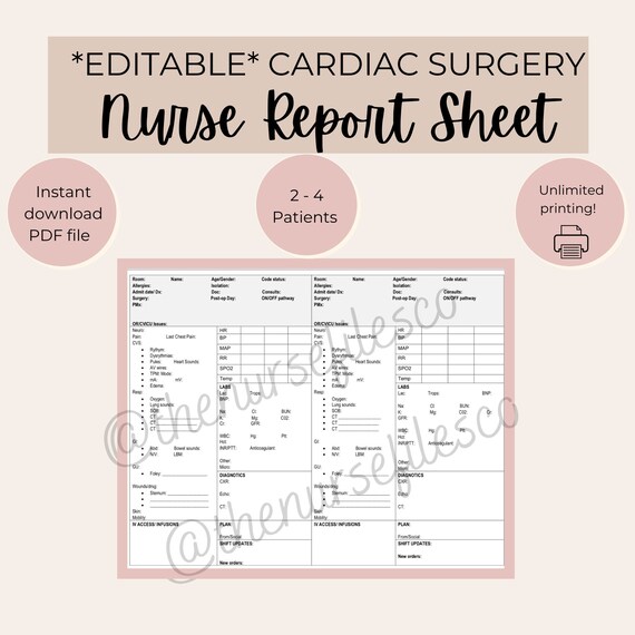 EDITABLE Cardiac Surgery Nurse Report Sheet Cardiac Surgery - Etsy
