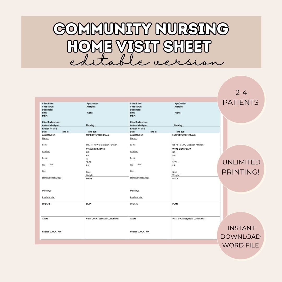 EDITABLE Community Nursing Visit Sheet Home Health Nurse Sheet Etsy