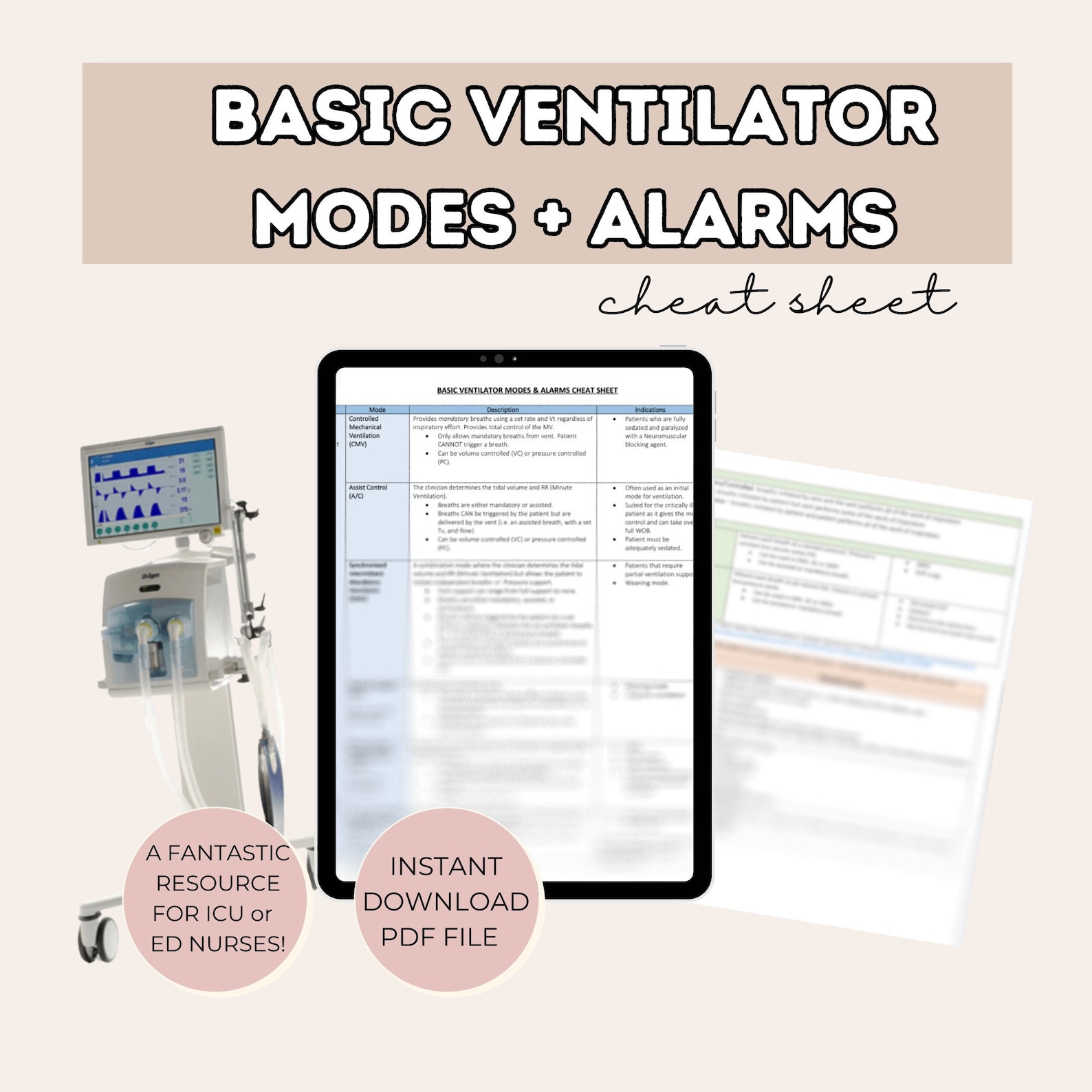 Basic Ventilator Modes and Alarms Cheat Sheet Ventilator Cheat Sheet Etsy