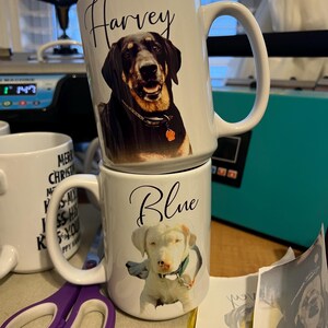 May include: Two white ceramic mugs with dog photos and names. The top mug has a black dog named Harvey and the bottom mug has a white dog named Blue.