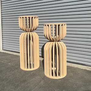 Wood Slat Pedestal Table: MDF Wedding Cocktail Stand, from California