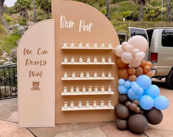 2 piece Set, 1 half Round Arch Backdrop with Removable Shelves folding- 1  2&#39;x6&#39; half arch painted, party favor display, with branding.