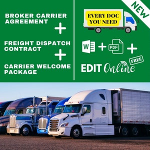 Puede incluir: Un fondo verde con texto blanco que dice "Broker Carrier Agreement + Freight Dispatch Contract + Carrier Welcome Package" y "Every Doc You Need" con un camión blanco y un remolque. El texto "New" está en un cuadro rojo. El texto "W + PDF +" está en un cuadro blanco. El texto "Edit Online" está en un cuadro blanco con un símbolo wifi azul y el texto "Free". La imagen muestra una fila de cinco camiones blancos con remolques.