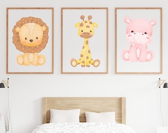 Safari Animal Nursery Prints: Lion, Giraffe, Hippo (Set of 4) (Digital Download)