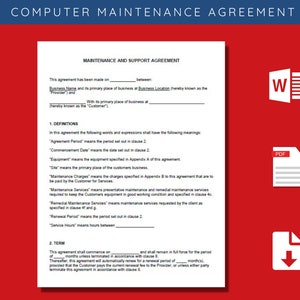Pode incluir: Um documento preto e branco com o título "Computer Maintenance Agreement" e uma seção intitulada "Maintenance and Support Agreement". O documento descreve os termos de um contrato de manutenção entre um fornecedor e um cliente.