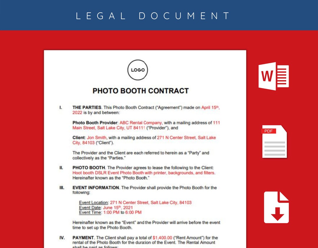 Photo Booth Contract Template, Video Booth Rental Agreement Terms