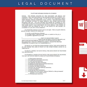 May include: A legal document titled "STATUTORY DURABLE POWER OF ATTORNEY" with text and checkboxes, against a red background. Includes icons for Word, PDF, and a download symbol. The document is for legal purposes.