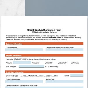 Formulario de autorización de la tarjeta de crédito. Palabra. Facturación con tarjeta de crédito. Cuentas por cobrar.