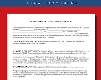 Può includere: Un documento legale intitolato "Contratto di lavoro autonomo" che delinea i termini di un accordo tra un Beneficiario e un Contrattista. L'accordo entra in vigore a partire dal 1° gennaio 2022 e include sezioni sulla descrizione dei servizi, il pagamento per i servizi e la durata/la risoluzione.