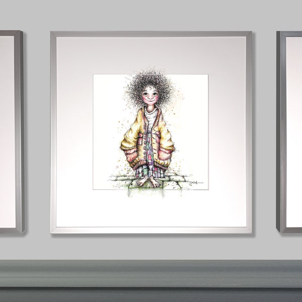 Kleine Momo | Hochwertiger Kunstdruck im Bilderrahmen 32,5 x 32,5cm | Zeichnung Momo