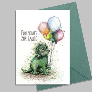 Kleiner Dino Einladung zur Taufe | Dino Illustration Karte | Kinder Einladung zur Taufe A6 | Dino mit Luftballons