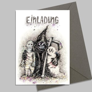 Drei Geister | Halloween Einladungskarte |  Einladung Halloweenparty  | Klappkarte Halloween zum Ausfüllen