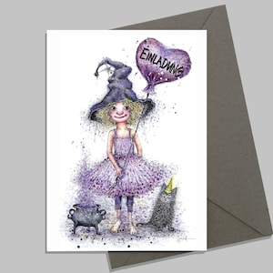 Kleine Hexe | Einladungskarte | Halloween Einladung | Klappkarte A6 zum Ausfüllen  | Halloween Kleine Hexe