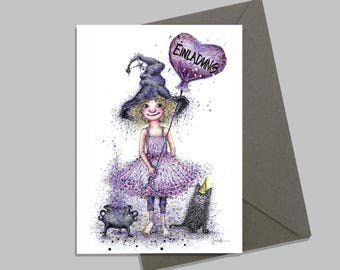 Little Witch | Invitation card | Halloween invitation | A6 folding card to fill out | Halloween Little Witch