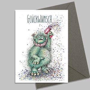 Glückwunsch Konfetti Monster grün | Grußkarte Monster | Geburtstagskarte grünes Monster