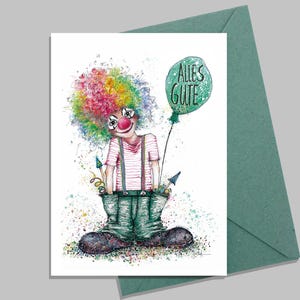 Clown Alles Gute grün | Glückwunschkarte süßer Clown | kleiner bunter Clown mit Ballon Grußkarte A6 | Clown Karte Geburtstag