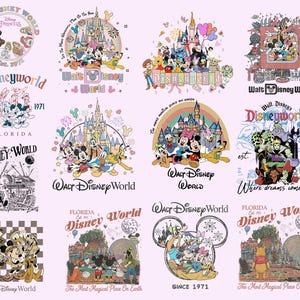 May include: A selection of Disney World-themed graphic designs. The designs feature Disney characters, castles, and the words "Disney World" and "Florida." The colour palette includes pastels and vintage-style illustrations. The designs are on a light pink background.