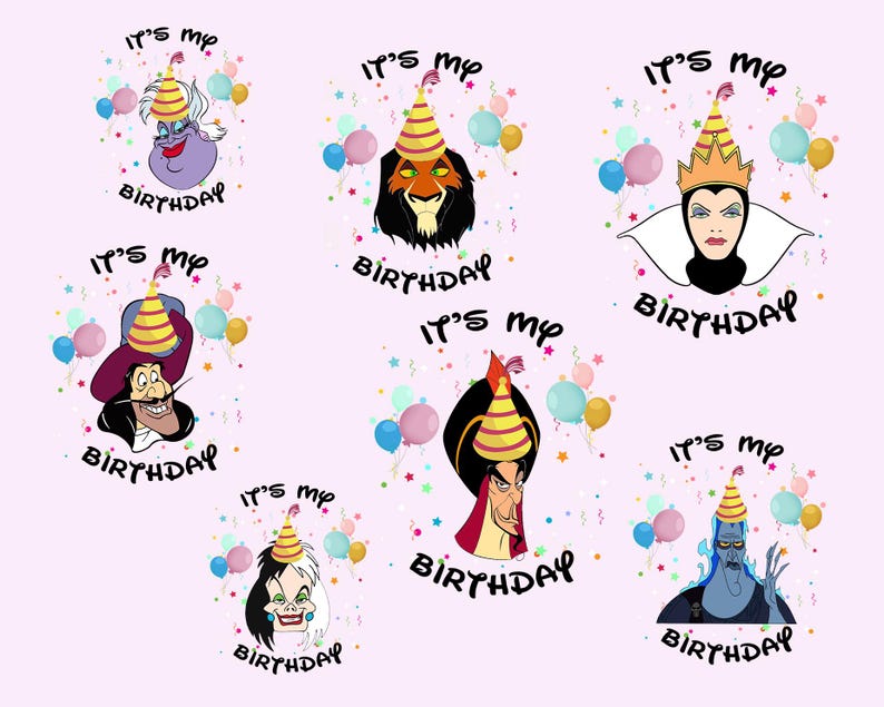 K&ouml;nnte beinhalten: Eine Sammlung von Cartoon-Charakterportr&auml;ts, die jeweils eine Partyh&uuml;te tragen und von Luftballons und Konfetti umgeben sind. Der Text "It's my Birthday" ist unter jedem Charakter geschrieben. Zu den Charakteren geh&ouml;ren eine Meerhexe, ein L&ouml;we, eine K&ouml;nigin, ein Pirat, ein B&ouml;sewicht, eine Frau mit schwarz-wei&szlig;em Haar und ein blauh&auml;utiger Charakter.