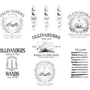 Puede incluir: Una colección de ilustraciones en blanco y negro con el logotipo de Ollivanders y diseños de varitas. Los logotipos incluyen texto como "Makers of Fine Wands" y "Diagon Alley, London". Las varitas se muestran en una fila vertical.