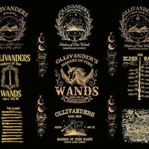 Puede incluir: Una colección de ilustraciones doradas sobre un fondo negro, con los textos "Ollivanders" y "Makers of Fine Wands". Los diseños incluyen varitas, libros, lunas y un unicornio, evocando un tema mágico.