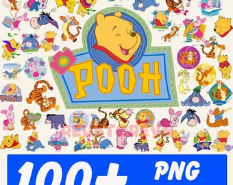 Puede incluir: Una colección de diseños de personajes de Winnie the Pooh en varias poses y escenarios. La imagen incluye el texto "POOH" en letras amarillas grandes y "100+ PNG Sublimation Designs" en una pancarta azul.