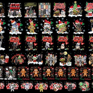 Peut inclure: Plusieurs motifs de Noël sur le thème de Star Wars sur fond noir. Les motifs présentent des personnages comme Yoda, Dark Vador et R2-D2 portant des chapeaux de Père Noël, avec le texte "Merry Christmas" et "Star Wars."