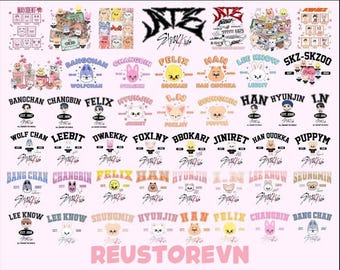 May include: A pink background featuring various Stray Kids merchandise designs. The designs include cartoon characters, band member names, and the Stray Kids logo. The text "REUSTOREVN" is at the bottom.