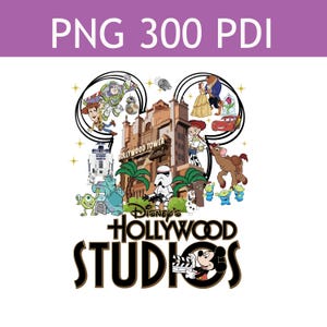 May include: A colorful graphic featuring Disney characters and the words "Disney's Hollywood Studios." The design includes characters from Toy Story, Star Wars, Monsters, Inc., Beauty and the Beast, and Cars, set against a backdrop of the Hollywood Tower Hotel.