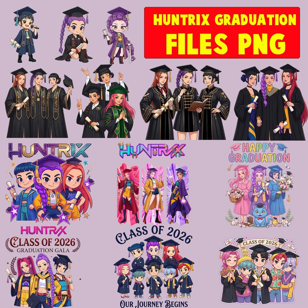 Huntrix Graduation Cap Huntrix Class of 2026 Graduation PNG Bundle, Kpop Chibi Graduate ...