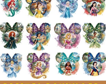 Pacchetto PNG di principesse Disney, orecchie da principessa ad acquerello PNG, viaggio tra ragazze Disney PNG, vacanza in famiglia 2026 PNG, gruppo abbinato Disney