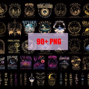 Könnte beinhalten: Eine Sammlung von über 90 PNG-Grafiken mit verschiedenen Designs mit dem Wort "Velaris" und anderem Text. Die Designs umfassen Berglandschaften, Monde, Sterne und dekorative Elemente in Gold und anderen Farben, vor einem schwarzen Hintergrund.
