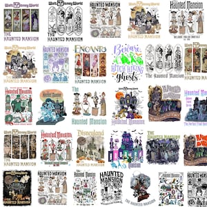 Peut inclure: Plusieurs graphismes sur le thème de "The Haunted Mansion", avec des illustrations et du texte. Les motifs incluent des personnages, des maisons hantées et le logo Disneyland. La palette de couleurs comprend le noir, le blanc, le violet et l'orange.