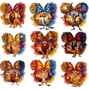 Puede incluir: Nueve diseños coloridos con temática de Disney con personajes de El Rey León. Cada diseño incluye un par de orejas de ratón con un lazo y un fondo de acuarela que representa una escena de puesta de sol con los personajes.