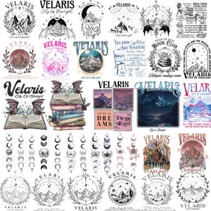 以下が含まれることがあります： 「Velaris」の文字と山のイラストが特徴の様々なデザインのコレクションです。「City of Starlight」、「Art Festival」、「House of Wind Book Club」などのテキストが含まれているデザインもあります。デザインは黒、白、紫と青の色合いです。