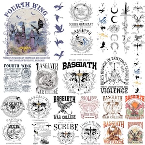 Könnte beinhalten: Eine Sammlung von Fantasy-Designs mit Drachen, Burgen, Schwertern und Text. Die Designs enthalten die Wörter "Fourth Wing", "Basgiath War College" und "Scribe". Die Farbpalette umfasst Schwarz, Weiß und Schattierungen von Lila und Orange.
