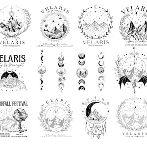 Puede incluir: Una colección de ilustraciones en blanco y negro con paisajes montañosos, elementos celestiales y el texto "VELARIS CITY OF STARLIGHT". Algunos diseños incluyen lunas crecientes, estrellas y bordes decorativos. El tema es fantasía y celestial.