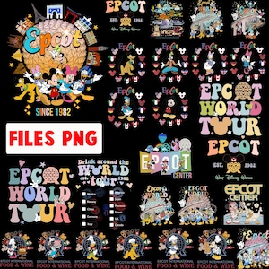 May include: A collection of colorful Disney-themed designs featuring Mickey Mouse, Donald Duck, and other characters. The designs include the text "EPCOT" and "WORLD TOUR" with various graphics and the text "FILES PNG".