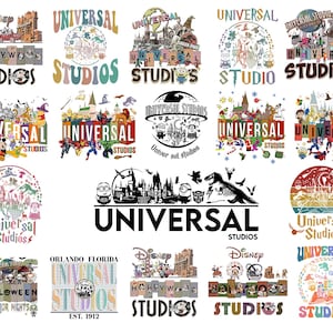 Op de afbeelding: Een verzameling kleurrijke grafische ontwerpen met het Universal Studios-logo en verschillende themaparkelementen. Ontwerpen omvatten Disney-personages, Minions, dinosaurussen en parkattracties. Het woord "STUDIOS" is prominent aanwezig.