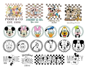 Disney-geruite png-bundel, retro geruite muis en vrienden png, familievakantie, Magic Kingdom png, stripfiguur, familiematch