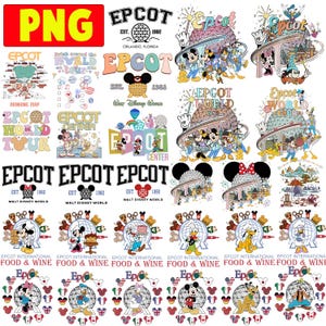 Może przedstawiać: Zbiór kolorowych grafik PNG z różnymi wzorami związanymi z Epcot, Walt Disney World. Projekty obejmują Myszkę Miki, Minnie i inne postacie Disneya, a także tekst, taki jak "Epcot World Tour" i "Food & Wine".
