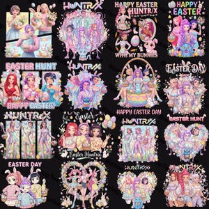 May include: A collection of colorful digital illustrations with an Easter theme. The images feature groups of women with bunny ears, Easter eggs, baskets, and the text "Easter Hunt", "Happy Easter", and "Easter Day".