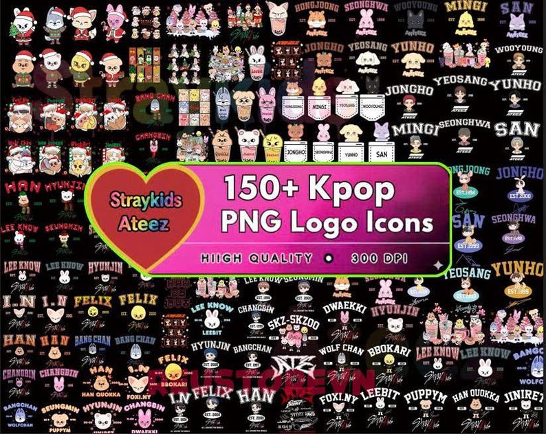 May include: A collection of over 150 Kpop PNG logo icons, featuring Straykids and Ateez. The image includes various character designs and text elements on a black background. The text reads "150+ Kpop PNG Logo Icons" and "High Quality 300 DPI".