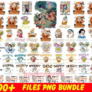 Pode incluir: Uma coleção de arquivos PNG com personagens de Branca de Neve e os Sete Anões. Os designs incluem imagens dos personagens, abóboras temáticas de Halloween e texto como "Happy", "Grumpy" e "Sneezy". A parte inferior da imagem diz "90+ FILES PNG BUNDLE."