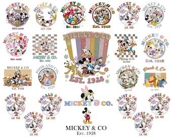 May include: A collection of colorful Mickey & Co. designs. The designs feature various Disney characters like Mickey Mouse, Minnie Mouse, Donald Duck, and Goofy. Each design is in a circle with the text "Mickey & Co. Est. 1928".