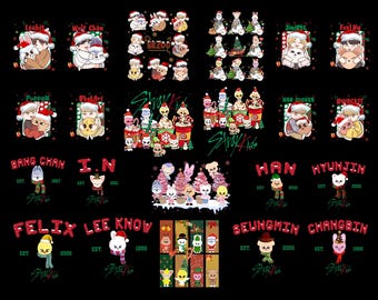 Pode incluir: Uma coleção de gráficos Stray Kids com tema natalino em um fundo preto. Cada gráfico apresenta personagens de desenhos animados usando chapéus de Papai Noel, com nomes como "Leebit", "Wolf Chan" e "Felix". O texto "Stray Kids" também é visível, juntamente com os nomes dos membros.